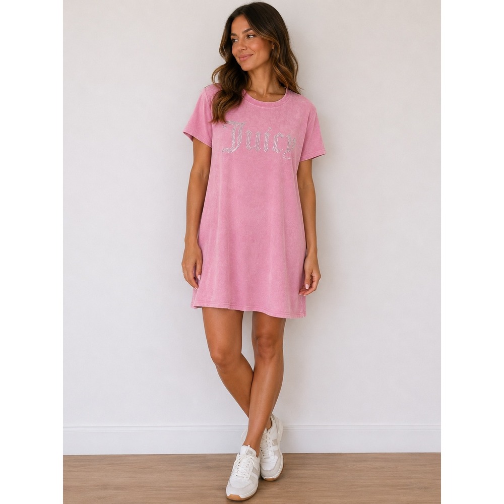 Juicy Couture Velour Logo T-Shirt Dress Pink Rhinestone Graphic Medium y2k Mumu